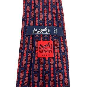 Hermes Men's Tie Equestrian Belts Navy Blue & Red Silk 858 PA 3.25" (W) 56" (L)